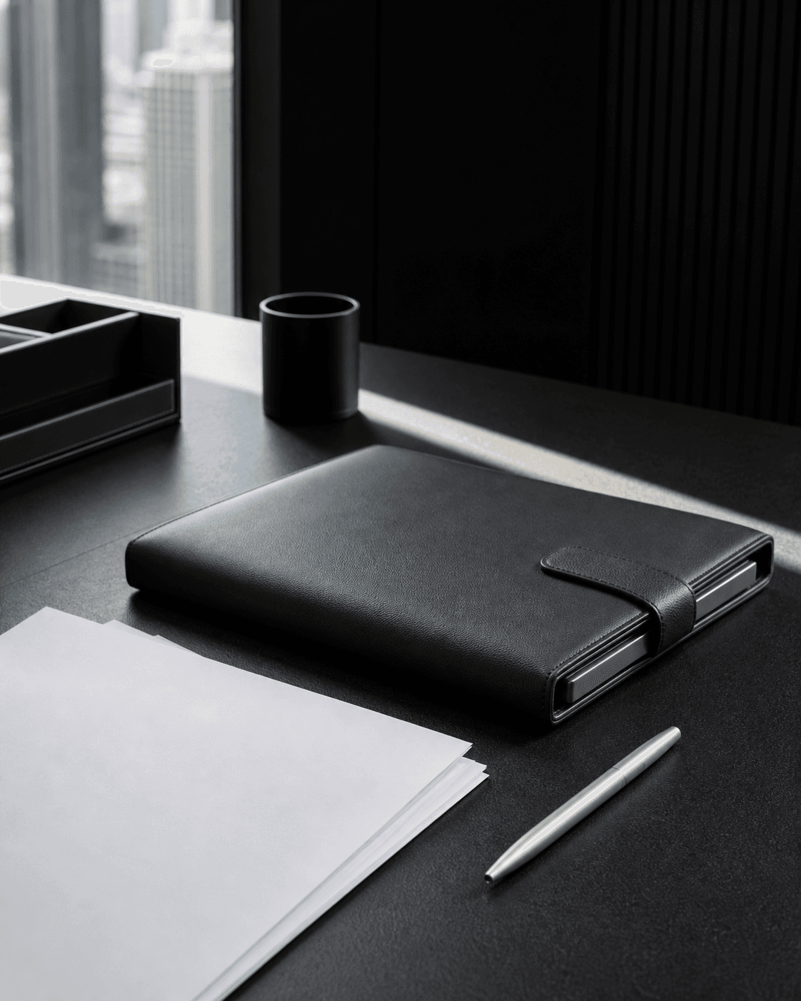 Document folio and papers arranged on a casework desk